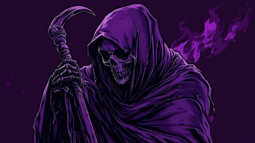 Grim reaper in violet shroud holds scythe in eerie glow.