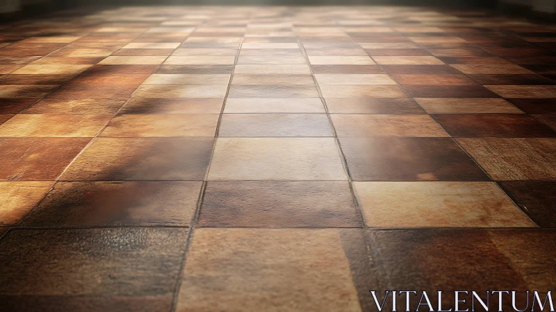 Sunlit checkered floor with warm rustic wooden tiles.