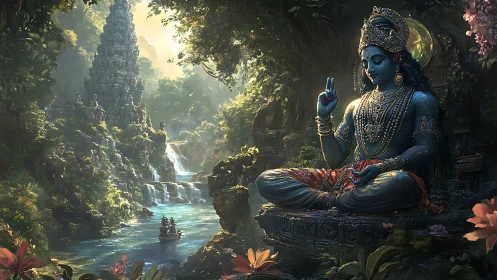 Divine blue deity in lotus pose above jungle river cascade