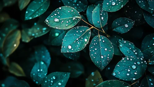 Raindrop-kissed teal leaves glowing softly after rainfall.