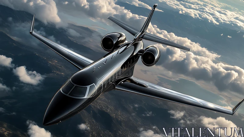 Sleek black business jet banking above sunlit coastal clouds