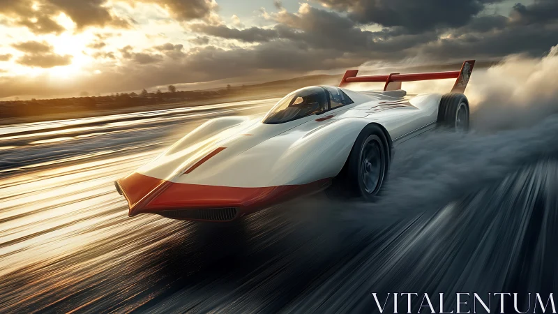 Sunset storm racer slicing horizons at molten speed.