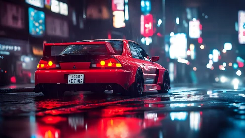 Red tuner car idles in neon city street during rain
