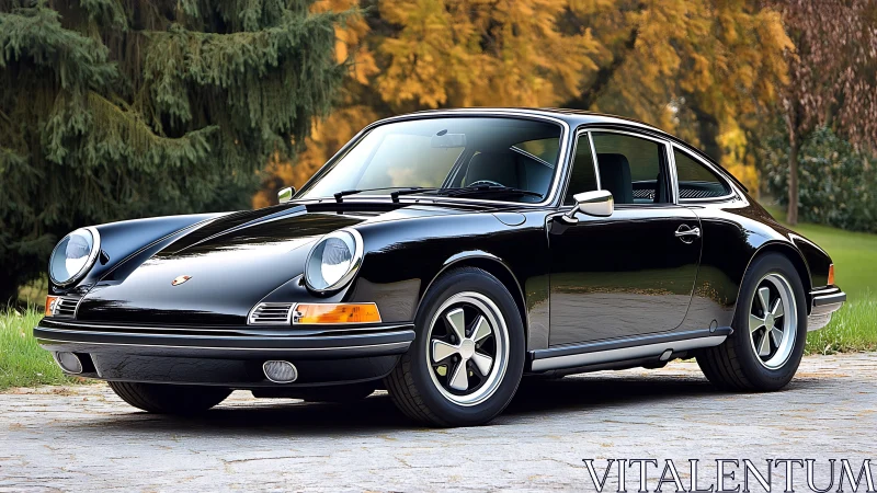 Classic black sports coupe resting beneath autumn trees.