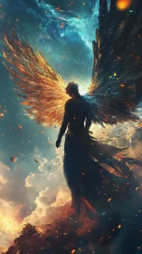 Celestial seraph rises through cosmic storm of fire and light.