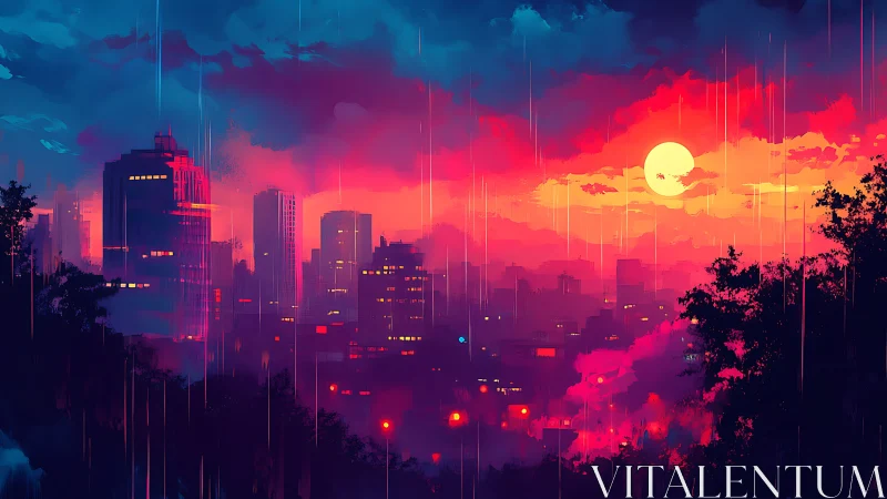 Digital cityscape depicts sunset over urban skyline