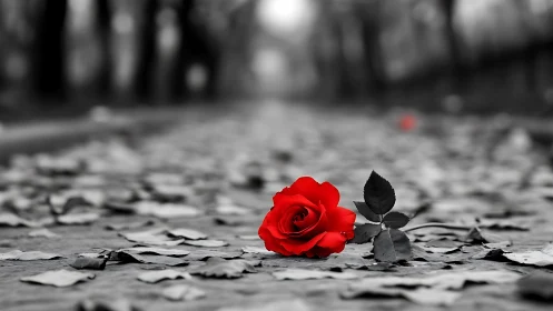 Red rose on leaf-strewn path in selective color photograph.