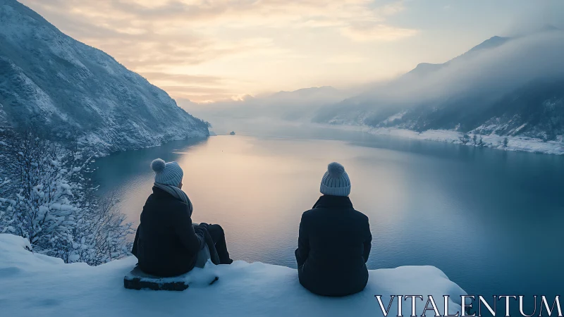 Photorealistic winter lake vista with two seated figures.