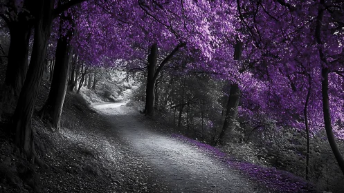 Forest path under selectively colored purple canopy.