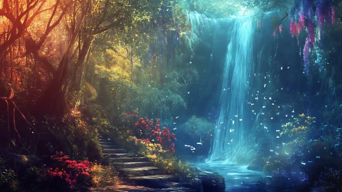 Enchanted forest waterfall with glowing flora and path.