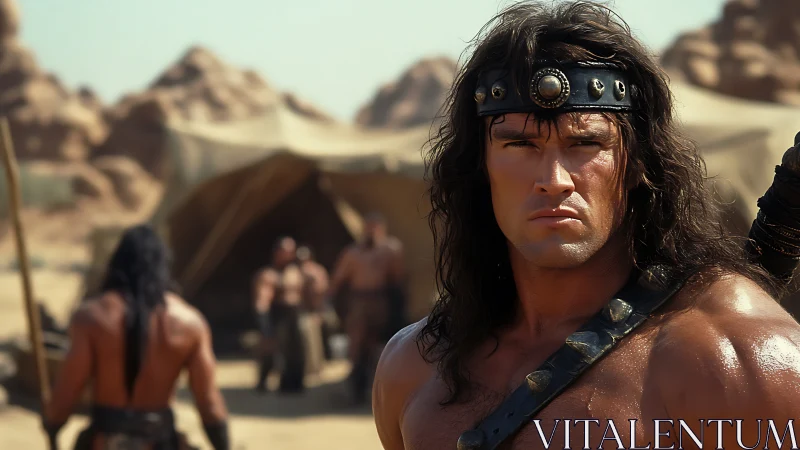 Warrior in desert camp with muscular fighters behind him.