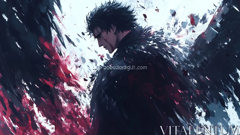 Brooding winged figure wrapped in swirling dark feathers.