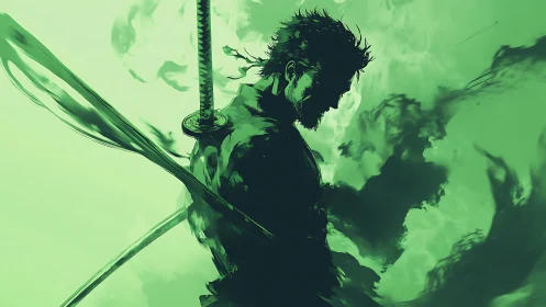 Silhouetted swordsman profile stands against monochrome green field