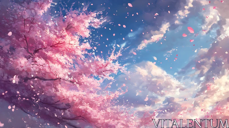 Sakura canopy in dynamic upshot with drifting petals and sky