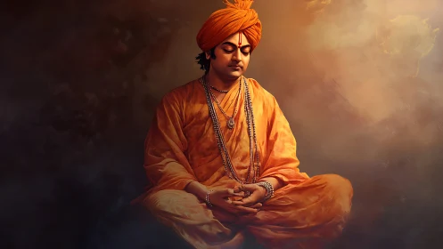 Saffron-robed mystic floating in ember-tinted stillness.