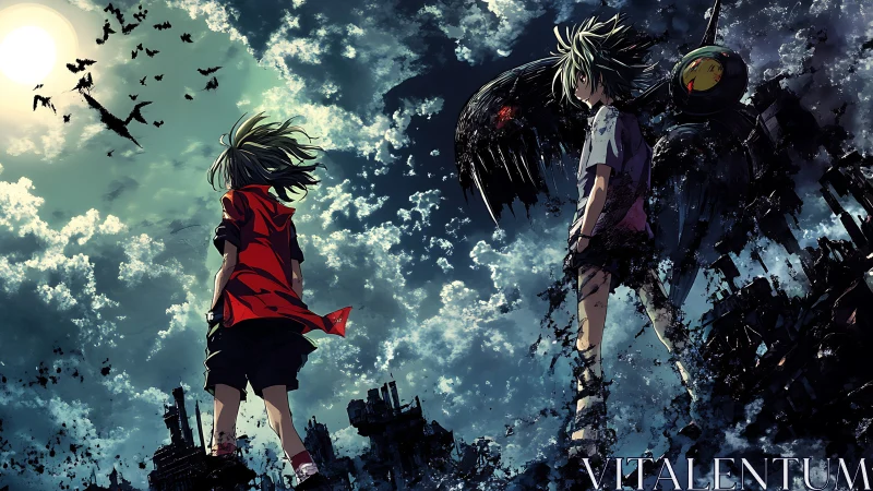 Sky-scarred wanderers beneath a storm of unraveling wings.