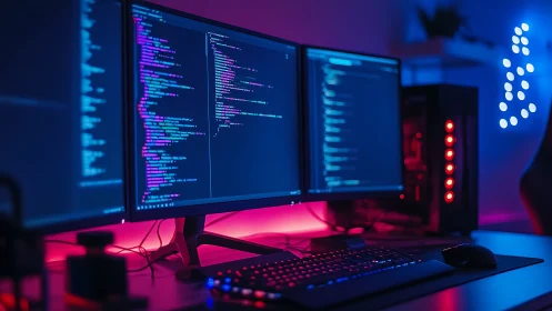 Triple-monitor coding workstation glows in neon rim lighting