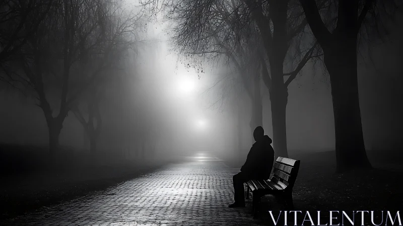 Solitary silhouette adrift on a lantern-lit fog road.