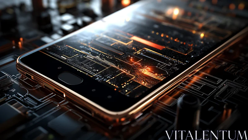 Smartphone surface merges with luminous circuit grid.