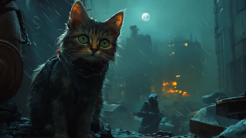 Noir Feline Subject Against Cyberpunk Urban Dystopia with Procedural Storm Effects