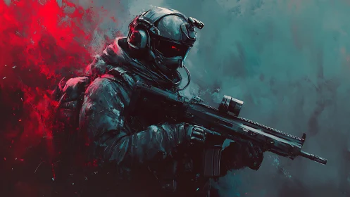 Midnight soldier wrapped in smoke, sparks, and quiet tension.