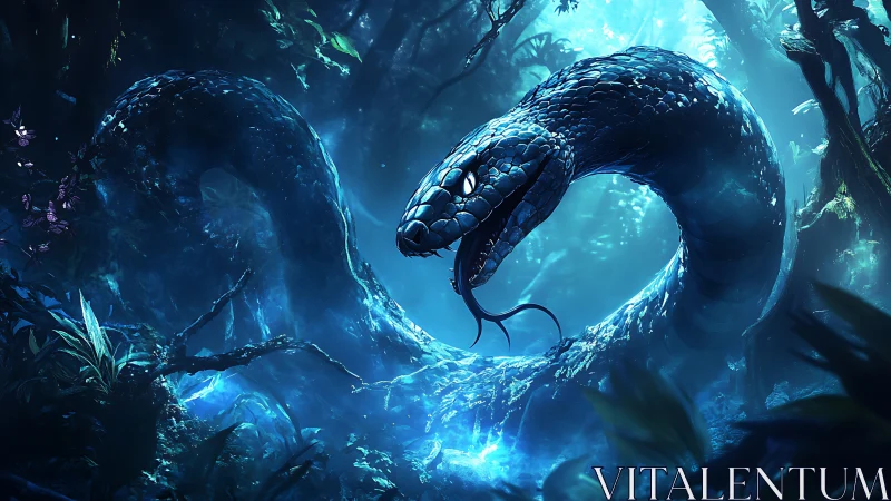 Bioluminescent serpent coiled in spectral rainforest chiaroscuro.