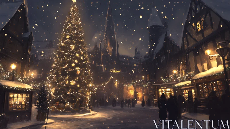 Snowy town square with tall illuminated Christmas tree.