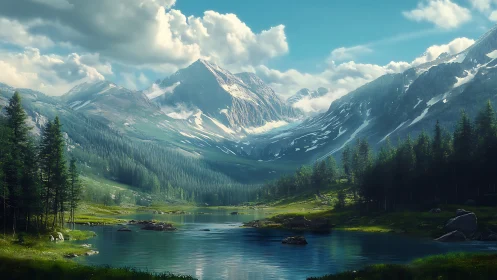 Mountain lake sits below snowcapped peaks and dense forests