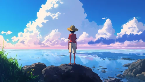 Boy in straw hat stands on coastal rocks facing distant sea