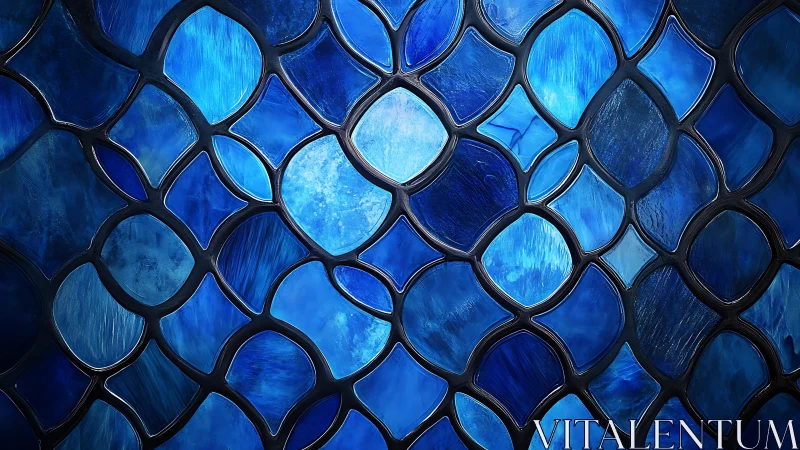 Abstract blue stained glass pattern with organic curves and rich hues.