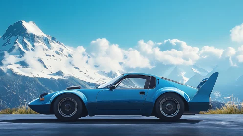 Blue retro sports car stands on mountain road in daylight