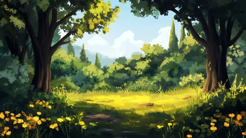 Luminous Forest Clearing with Atmospheric Depth and Spectral Color Separation.