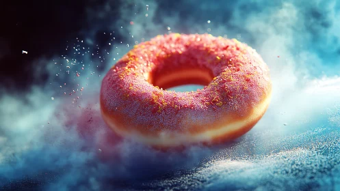 Iridescent donut floats in neon mist, sugar sparks suspended.