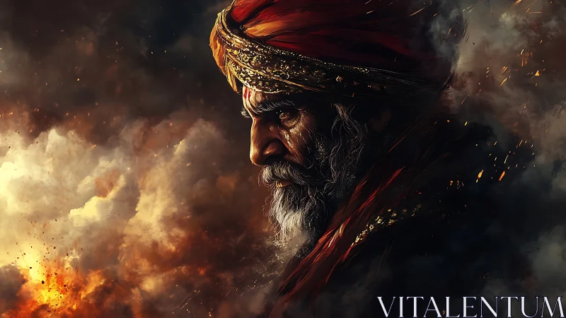 Stoic elder warrior in embers and smoke digital portrait.