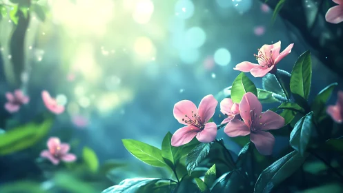 Pink flowers with green foliage in diffused natural light
