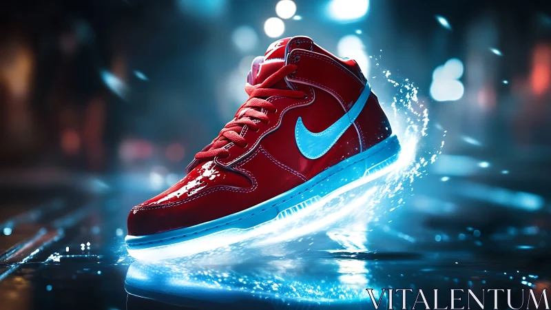 Futuristic red sneaker with glowing blue sole in neon city.