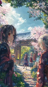 Anime courtyard gathering under sunlit sakura canopy.