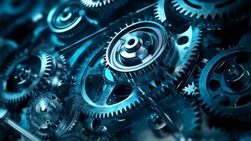 Industrial steel gear mechanism in cool cyan lighting.