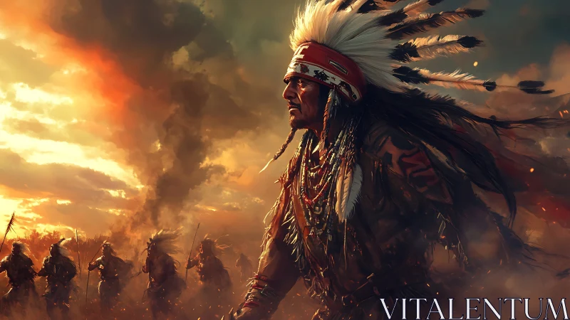Digital painting of warrior chief under incendiary sunset sky.