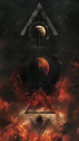 Celestial triangles align amid cosmic fire and shadowed void.