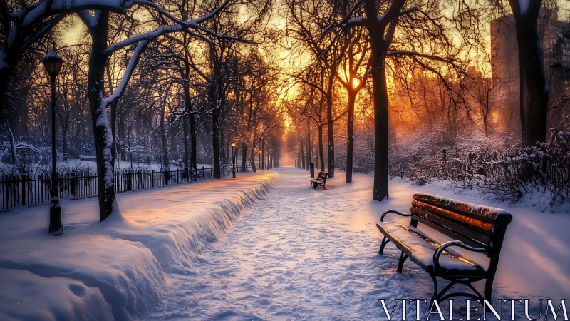 Winter sunrise gently warms a quiet snow covered park path