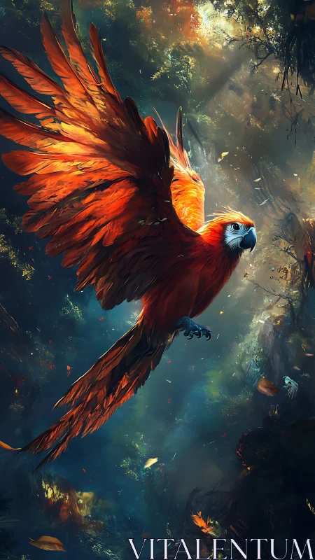 Scarlet macaw ascends through volumetric jungle light