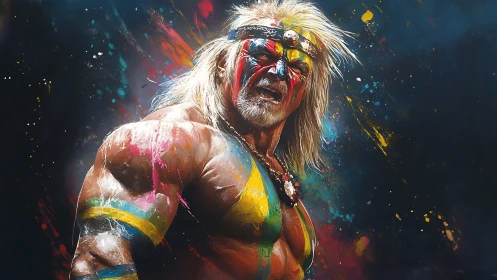 Explosive portrait of a painted warrior rendered in digital acrylic