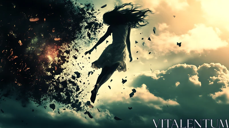 Silhouetted human figure dissolving into debris in sky scene.