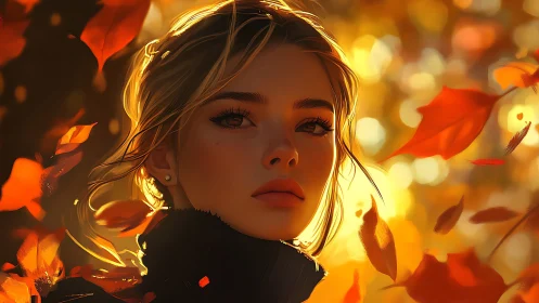 Woman in autumn light with falling orange leaves portrait.