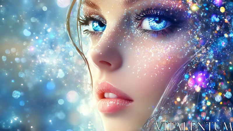 Close-up fantasy portrait of glowing blue-eyed woman face.