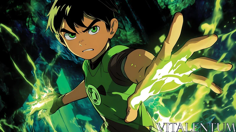Teen hero projecting green energy in dark cavern scene.