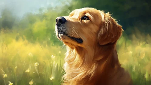 Golden retriever profile in sunlit meadow environment.
