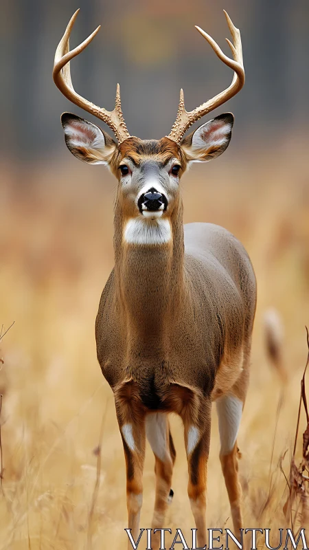 White-tailed buck stands alert amid soft golden grassland.