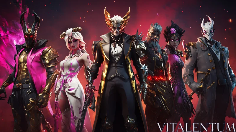 Six demonic cyber-heroes stand aligned in molten neon haze